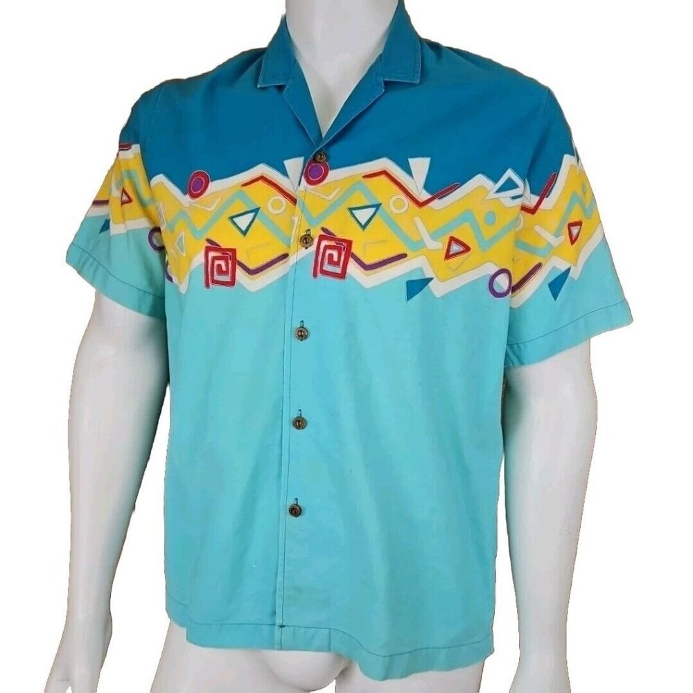 Vtg Hobie Sailing Shirt Mens L Teal Blue Colorblock Hawaiian Max Headroom Aloha